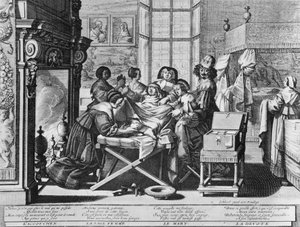 1633年にアブラハム・ボッセが描いた「都市への結婚」と題された一連のエングレーヴィング（ウォーターフォルテ） - 「出産」：作業用ベッドの上。 作： Abraham Bosse