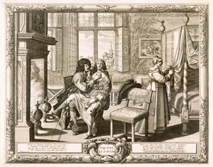 暖炉のそばで膝を立てて座る妻を持つ夫、Bosse, Abraham (1602-76) 作： Abraham Bosse