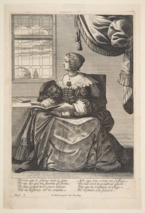 17世紀半ばから後半にかけて、本と歌を持っている着席女性。 作： Abraham Bosse
