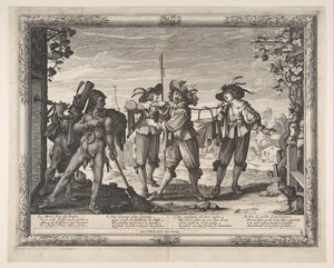 新婚夫婦に持ち込まれた鍋、またはラケット、ca。 1633年。 作： Abraham Bosse