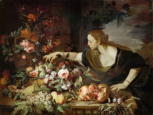 花と果物を持つ女性。 1669