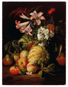 ユリなどの花をガラスの花瓶に生け、桃とメロンを添える。 作： アブラハム・ブリューゲル