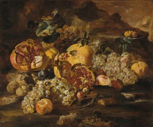 風景の中のザクロと他の果物。 作： Abraham Brueghel