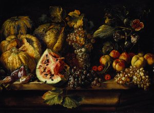 ウォーターメロン、ブドウ、プラム、桃、チェリー、その他の果物の棚上の静物 作： Abraham Brueghel
