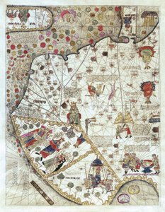 中国 (キャセイ) の地図、小さなシーンの説明、毎回表される主権者による王国の境界 作： Abraham and Cresques Jehuda Cresques