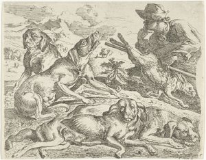 4匹の犬、ハンター、ウサギ 作： Abraham Danielsz. Hondius