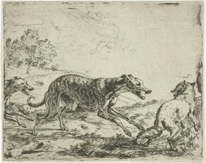 狐と三匹の犬 作： Abraham Danielsz. Hondius