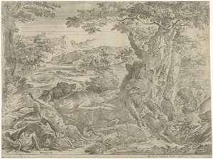 犬に襲われるイノシシ 作： Abraham Danielsz. Hondius