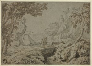 サテュロス、ヤギ、その他の人物のいる風景 作： Abraham Genoels II