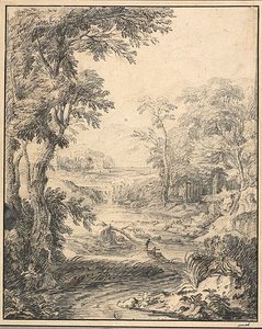 川の風景、前景に二人の人物、遠景に城 作： Abraham Genoels II