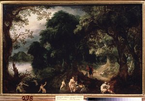 「ダイアンとアクテオン」（ダイアナとアクテオン） お風呂でハンターのアクテオンに驚かされるダイアン。 Abraham Govaerts (1589-1626) による 1620 年頃の絵画 プーシキン美術館 モスクワ 作： Abraham Govaerts