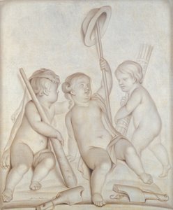 3つの天使（グリザイユ）、ヘラクレスと水星の属性を持つプッティ、1767 作： Abraham Hendrick van Beesten
