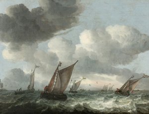 波立つ沖合の漁船（油彩・パネル） 作： Abraham Hendricksz van Beyeren
