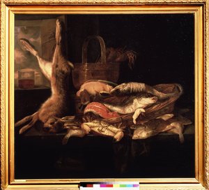 アブラハム・ヘンドリックス・ヴァン・ベイレン作「魚と死んだウサギのある静物」（1620/21-1690）（ec. hol.） 17世紀 プーシキン美術館、モスクワ 作： Abraham Hendricksz van Beyeren
