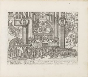 ジェームズ 1 世の戴冠式 (1603 ～ 1604 年) のウェストミンスター寺院の外観。 作： Abraham Hogenberg