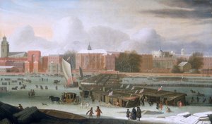 「テンプル階段でテムズ川のフロスト フェア」、c1684。