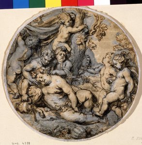 ""Bacchus endormi"" (Sleeping Bacchus) 彼は putti、サテュロスに囲まれている インク画 Abraham Jansz van Diepenbeeck (1596-1675) 17 世紀 プーシキン美術館、モスクワ 作： Abraham Jansz. van Diepenbeeck