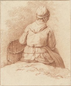 後ろから見た、腕にバスケットを持って座っている漁師の女性 作： Abraham Johannes Ruytenschildt