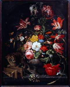 花瓶を倒す猫。アブラハム・ミニョン（1640-1679）による絵画。