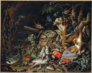 Le nid de pinsons - 魚、爬虫類、そして草木に囲まれたリスの死体...。 作： アブラハム・ミニョン