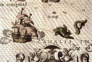 ガレオン船（カラベル船）を襲う海の怪物。アブラハム・オルテリウス著『Theatrum Orbis Terrarum』（アントワープ1584年）の地図の詳細。 作： Abraham Ortelius