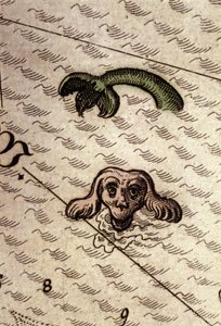 犬の頭と魚の体を持つ海の怪物。アブラハム・オルテリウス作「Theatrum Orbis Terrarum」の地図の詳細、アントワープ1584年。 作： Abraham Ortelius