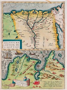 Aegypti Recentior Descriptio.- Carthaginis Celeberrimi Sinus Typus.アブラハム・オルテリウスの "Theatrum Orbis Terrarum "からナイル川沿いの都市とカルタゴ（チュニジア）を含むエジプトの地理地図（Oertel, Ortell or Ortel