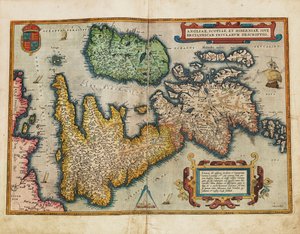 Angliae, Scotiae, et Hiberniae, sive Britannicar：イングランド、スコットランド、アイルランド。 作： Abraham Ortelius