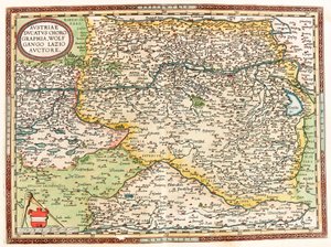 Austria Ducatus Chorographia Wolfgango Lazio Auctore Abraham Ortelius (Oertel, Ortell or Ortel) の "Theatrum Orbis Terrarum "からのドナウ川とウィーンを含むオーストリア領土の地理的地図。 作： Abraham Ortelius