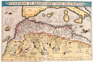バルバリアーとビルドゥルゲリド、ノヴァ・デスクリプティオ。アブラハム・オルテリウスの「Theatrum Orbis Terrarum」によるアフリカ北部の地理地図（Oertel, Ortell or Ortel 作： Abraham Ortelius