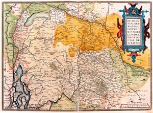 Brabantiae Germaniae Inferioris Nobilissimmae Provinciae Descriptio オランダ領ゲルマン人（Kempeland）以南の地理地図 Abraham Ortelius（Oertel, Ortell or Ortel）の "Theatrum Orbis Terrarum "からの引用。