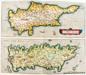 Cyprus Insula - Candia, olim Creta Abraham Orteliusの "Theatrum Orbis Terrarum "によるギリシャのキプロスとクレタの地中海の島々の地理地図（Oertel, Ortell or Ortel 作： Abraham Ortelius