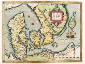 Daniae regni Typus Abraham Ortelius（Oertel, Ortell or Ortel）の「Theatrum Orbis Terrarum」からデンマークとスウェーデン南部の領土を描いた地理図。 作： Abraham Ortelius