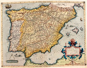スペインの説明。アブラハム・オルテリウス（1527-1598）の「Theatrum Orbis Terrarum」からの地理地図