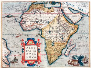 アフリカ大陸の説明。エイブラハム・オルテリウス（1527-1598）の「Theatrum Orbis Terrarum」からの地理地図 作： Abraham Ortelius