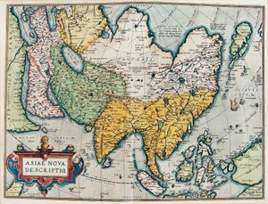 アジア大陸の説明、"Theatrum Orbis Terrarum "からの地理的な地図 作： Abraham Ortelius