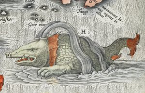 「Typus orbis terrarum」からの海の怪物の詳細 (アルバムのメイン タイトル、90 のマップを含む) 作： Abraham Ortelius