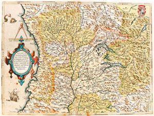 Ducatus Mediolanensis, Finitimarumq Regionu Descriptio Auctore Iooanne Georgio Septala Mediolanense Abraham Ortelius（Oertel, Ortell or Ortel）の「Theatrum Orbis Terrarum」からミラノ公爵の地理地図。 作： Abraham Ortelius
