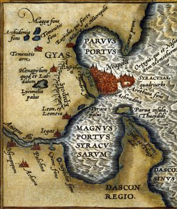 シラキュース（シチリア島）の旧港-アブラム・オルテリウスの「アトラス」に掲載されています。 作： Abraham Ortelius