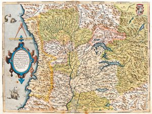 フランス（地方：、フランシュ＝コンテ、ローヌ＝アルプ、プロヴァンス＝アルプ＝コート・ダジュール）、南スイス、イタリア（地方：：リグーリア州、ピエモンテ州、アオスタ渓谷、ロンバルディア州、トレンティーノ＝アルト・アディジェ州西部、エミリア＝ロマーニャ州西部、トスカーナ州北西部） 作： Abraham Ortelius