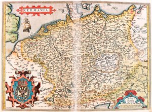 ゲルマニア アブラハム・オルテリウスの「Theatrum Orbis Terrarum」からゲルマニア（神聖ゲルマン帝国）の領土を描いた地理図（Oertel, Ortell or Ortel 作： Abraham Ortelius