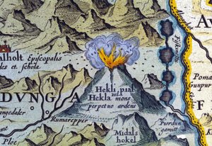 アイスランドのヘクラ火山。アブラハム・オルテリウスのアトラス、アムステルダム1588年。 作： Abraham Ortelius