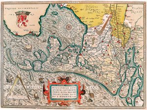 Hollandiae antiquorum catthorum sedis nova descriptio, auctore lacobo a daventria アムステルダムとハールレムの都市を含むオランダ領土の地理地図...アブラハム・オルテリウス（Oertel, Ortell or Orte）の「Theatrum Orbis Terrarum」から引用。
