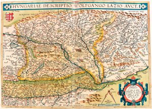 ハンガリーの説明図、ウォルフガンゴ・ラツィオ・アークトアブラハム・オルテリウスの "Theatrum Orbis Terrarum "によるハンガリー領土の地理地図（Oertel, Ortell or Ortel 作： Abraham Ortelius