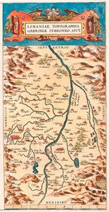 Limaniae topographed Gabriele Symeoneo Avct ロワール川に面した城や町（ボーモン、アイグペルセ、クレルモンとモンフェラン（モンフェラン）、ボーレガード、シニャック、モンタイグ、ピュイ・ギョーム...）が描かれたロワール地方の地理地図（「Theatru」より抜粋）。