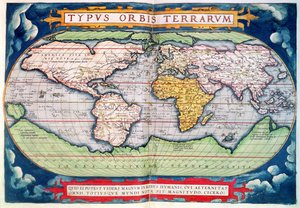世界地図: オルテリウスの「アメリカの新世界」より「Typus Orbis Terrarum」