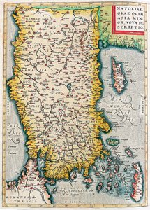 Natoliae, Quae Olim Asia Minor Nova Descriptio アブラハム・オルテリウス（Oertel, Ortell or Ortel）の「Theatrum Orbis Terrarum」から小アジア（イスタンブールとトルコ、ロードス島とキプロス島）の領土を描いた地理地図。