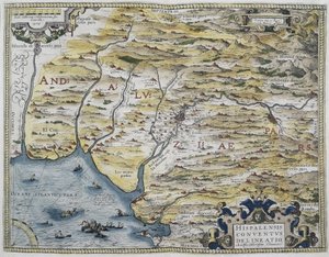 ORTELIUS, Abraham (1527-1598).Theatrum Orbis Terrarum.1570.最初の近代的地図帳とされる。CHAVES, Jeronimo de (1523-1574)。数学者、天文学者、航海士。アンダルシア西部の地図。ヒエロニムス・キアヴェスの地図に基づく。