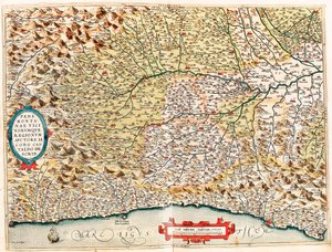 Pedemontanae Vicinorumque Regionum Auctore Iacobo Castaldo Descrip.アブラハム・オルテリウスの "Theatrum Orbis Terrarum "から、フランスのモナコからジェネスまで、インペリア・デ・サヴォナとジェノバの州を通過したイタリアの領土の地理地図( 作： Abraham Ortelius