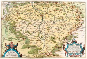 Regni Bohemiae Descriptio Abraham Orteliusの "Theatrum Orbis Terrarum "からのボヘミア領土の地理地図（Oertel, Ortell or Ortel）。